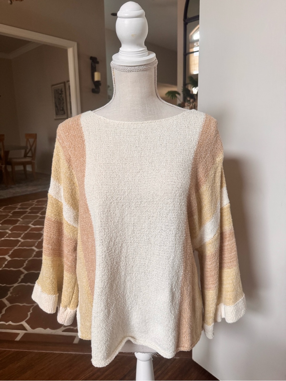 BKE Cream Pullover with Pastel Peach and Yellow Stripes